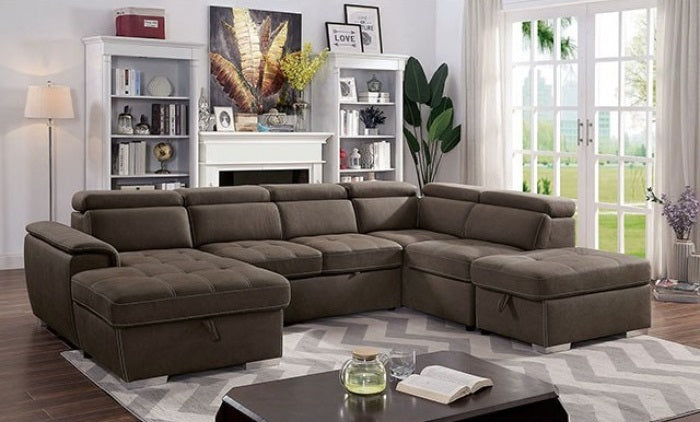 CM6963 4 pc Hugo light brown nubuck fabric sectional sofa set with storage chaise and ottoman. ***Savings Sale Event Going On Now***Discounted Price When You Add To Cart up to 35% off. Click Financing For Easy Payment Options at ambfurniture.com