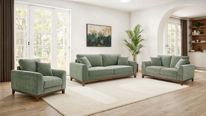 ***Christmas Sale Going On Now***FM64008GR-2PC 2 pc Watton olive green fabric warm walnut finish wood trim sofa and love seat set on sale at ambfurniture.com