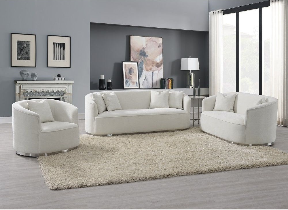 Acme LV01917-18 2 pc Darby home co Odette beige chenille fabric sofa and love seat set curved arms silver trim base