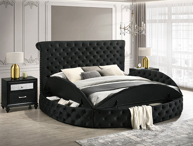 ***Early Black Friday Sale Going On Now***Crown Mark 5202BK Danbury black colored fabric tufted round queen storage bed on sale at ambfurniture.com