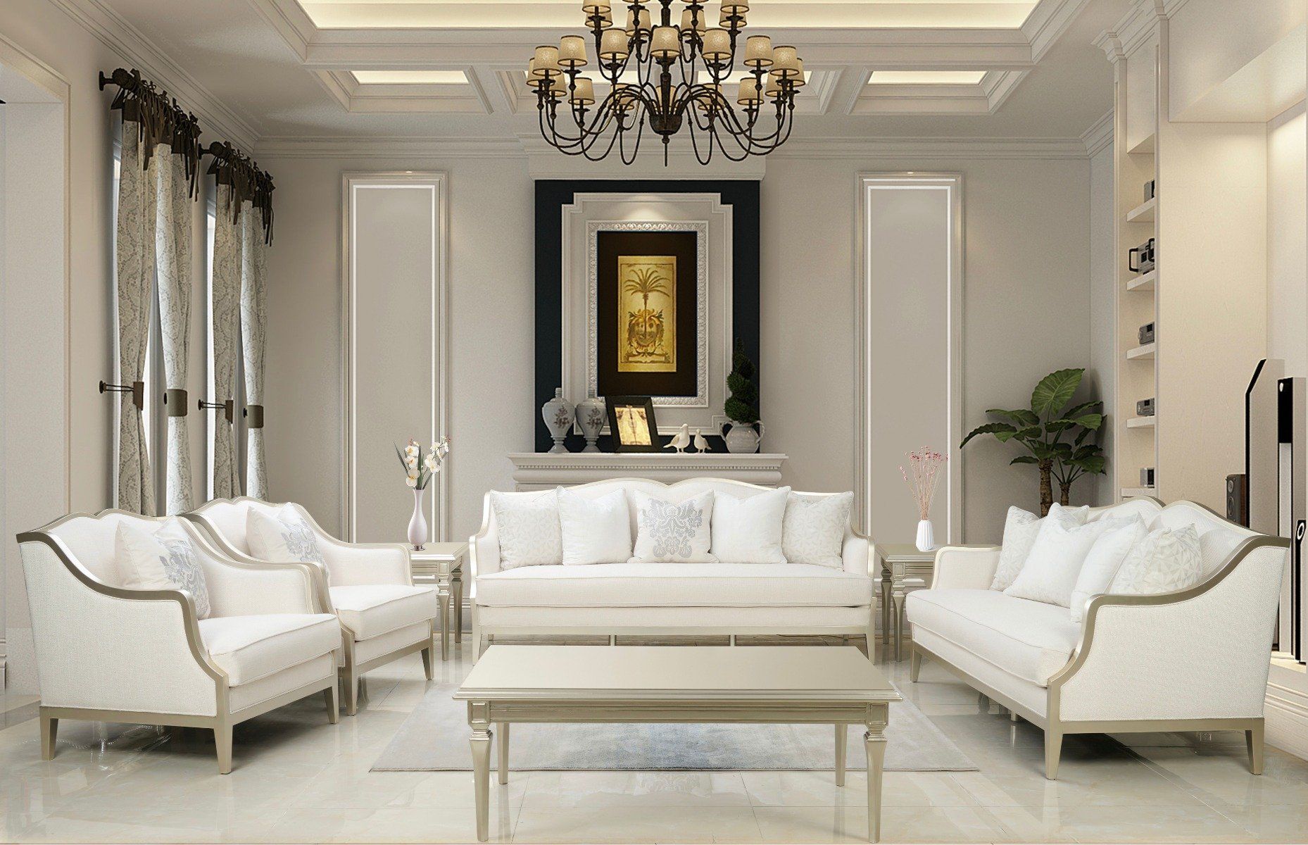 ***Christmas Sale Going On Now***Gabriella-SL 2 pc Gabriella cream fabric with goldish wood trim accents classic styling sofa and love seat set on sale at ambfurniture.com