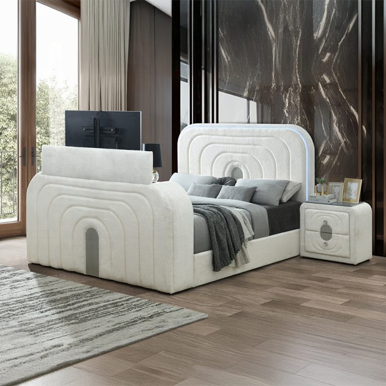 Acme BD04752Q Shelyn white teddy bear sherpa fabric upholstered queen bed set LED , Fireplace and TV Lift
