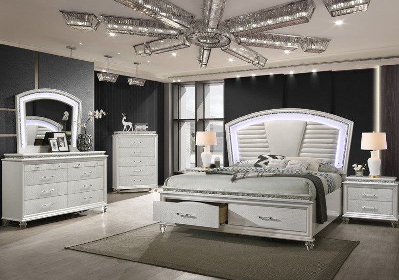 ***Early Black Friday Sale Going On Now***Adele 4 pc Adele pearl white finish wood faux leather upholstered headboard LED lighting queen bed set footboard drawers on sale at ambfurniture.com