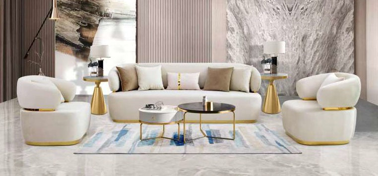 Mc Ferran SF588 2 pc Barcelone light cream fabric sofa and love seat with gold trim accents.