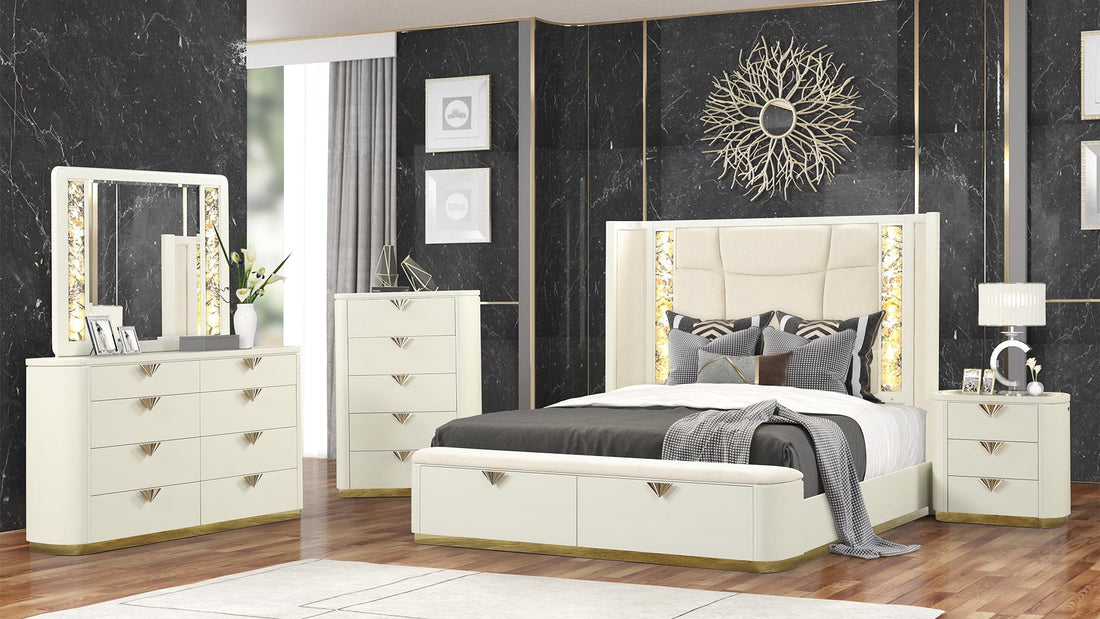 La-pierre-4PC La-pierre cream finish wood queen bedroom set with storage footboard with bench and LED lighting