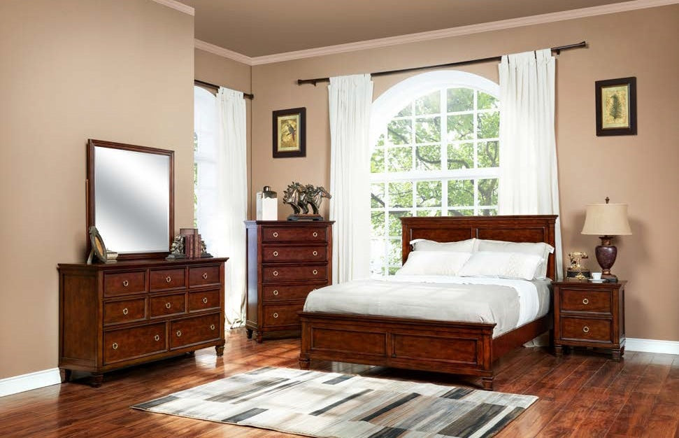 00-044C-4PC 4 pc Tamarack cherry finish wood paneled headboard accents queen bed set