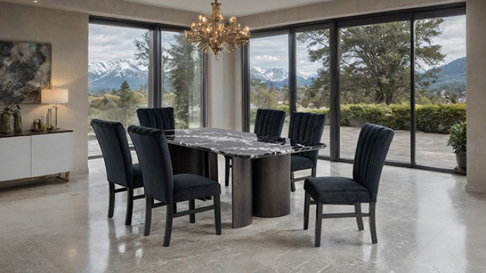 ***Early Black Friday Sale Going On Now***FM34007BK-T-7PC 7 pc Selsey dark walnut finish wood black faux marble top mid-century modern dining table set on sale at ambfurniture.com