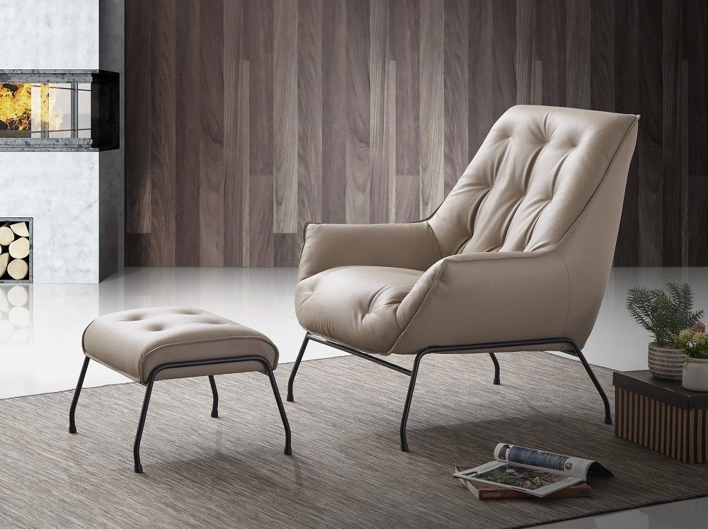 Acme AC02381 2 pc Jabel khaki top grain leather tufted accent chair and ottoman metal frame