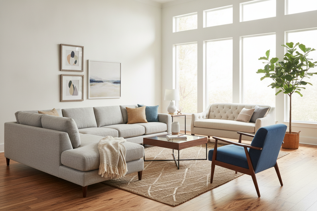 Modern living room sofa set ideas featuring neutral tones, cozy textures, and stylish accent furniture