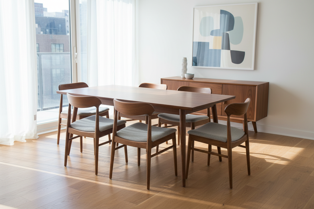 Mid-century modern dining set with walnut table and chairs in a bright, stylish dining room