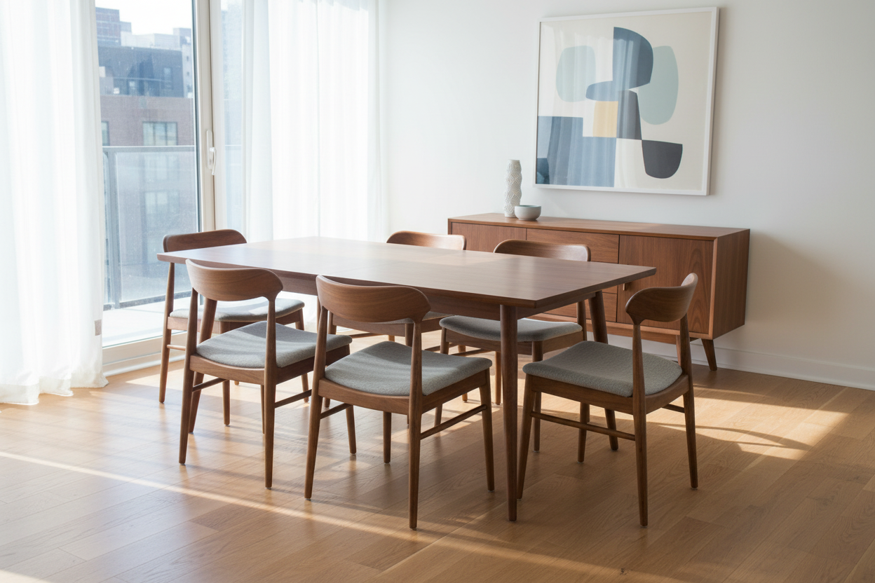 Mid-century modern dining set with walnut table and chairs in a bright, stylish dining room
