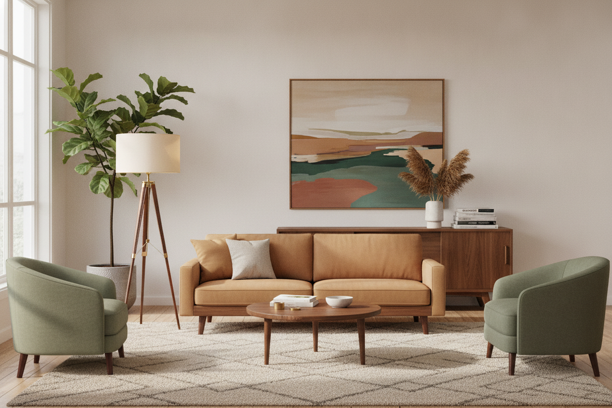 Stylish mid-century modern living room furniture set with retro sofa, armchairs, and wooden coffee table