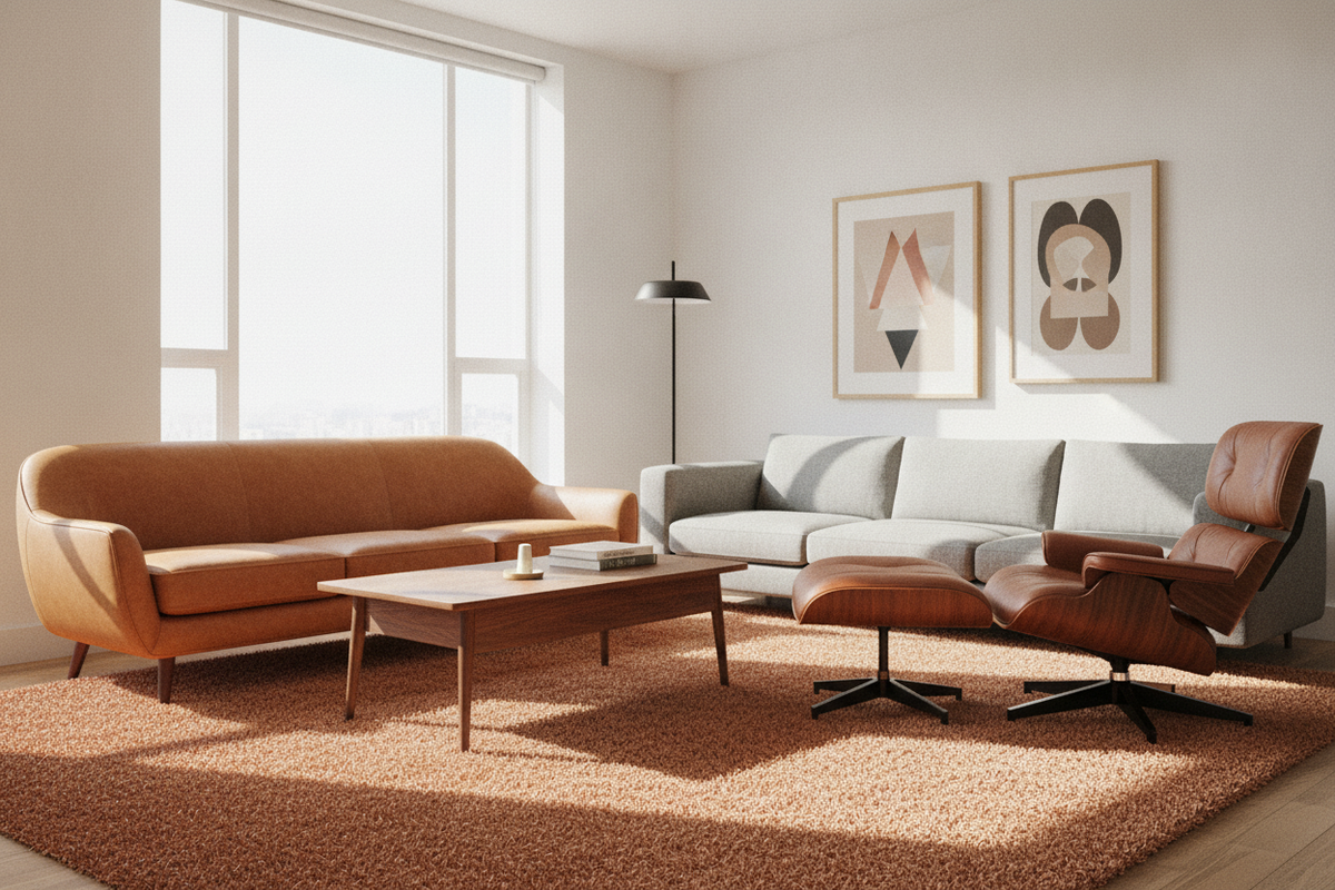 Bright living room styled with mid-century modern living room furniture for a cozy and elegant home update