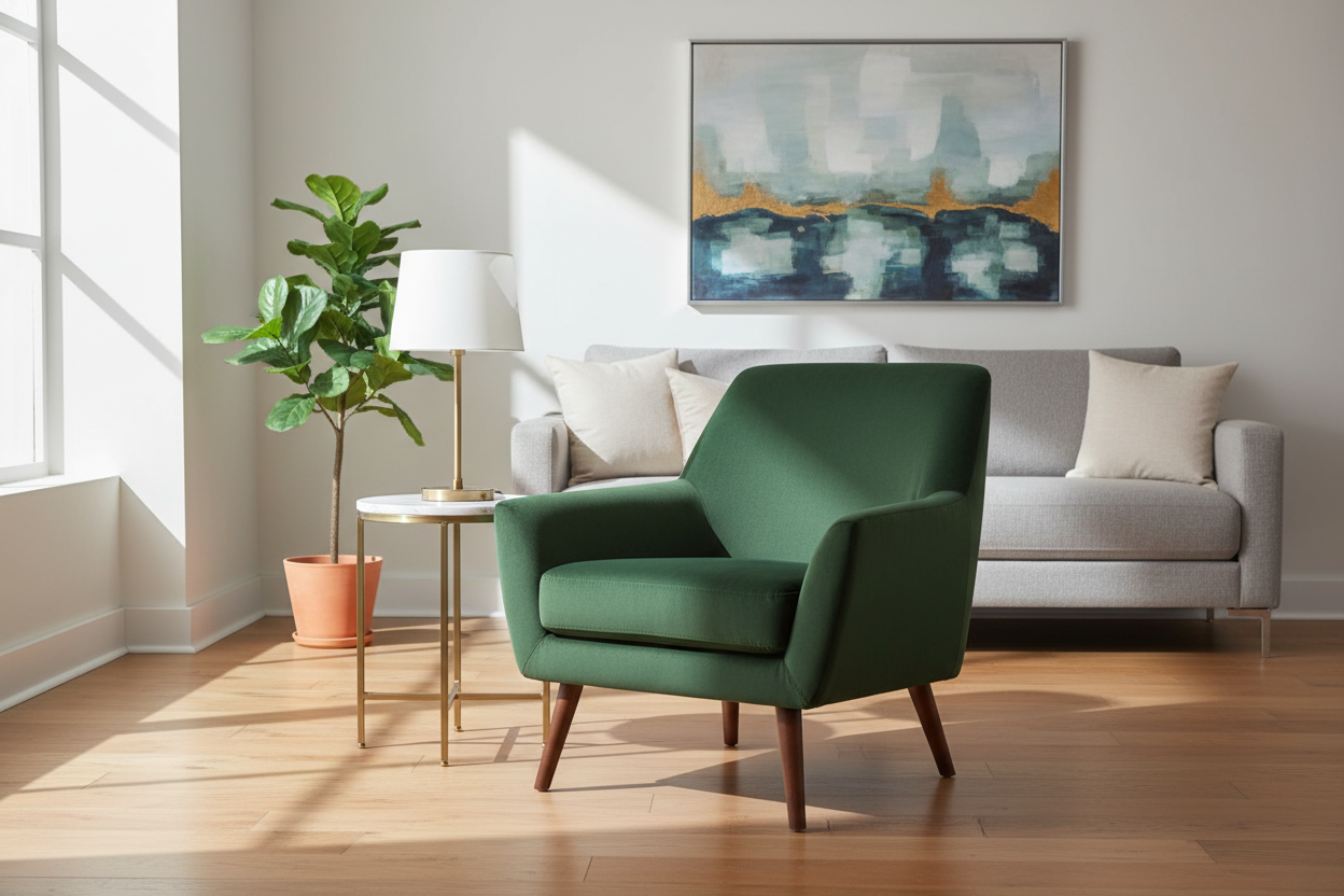 Modern accent chair for living room in stylish space with neutral sofa and contemporary decor