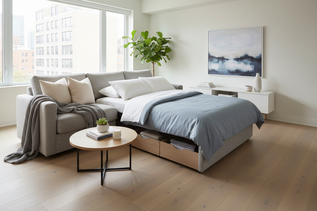 Modern living room with a multifunctional sofa sleeper featuring built-in storage and cozy bedding