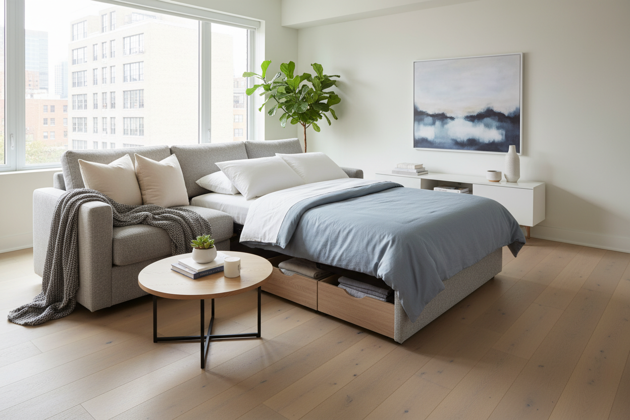 Modern living room with a multifunctional sofa sleeper featuring built-in storage and cozy bedding