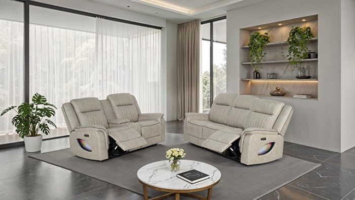 NX6061LB-2PC 2 pc Arturus light brown leather like fabric power motion sofa and love seat recliner ends with cup console LED