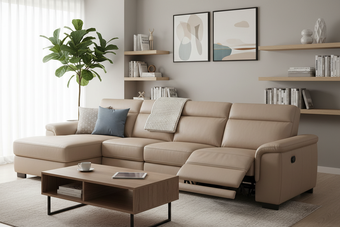 Modern living room featuring a beige power recliner sofa set for stylish comfort and relaxation