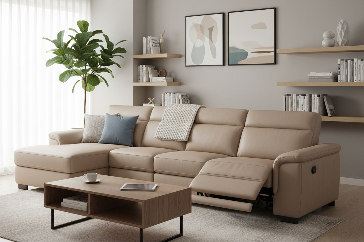 Modern living room featuring a beige power recliner sofa set for stylish comfort and relaxation