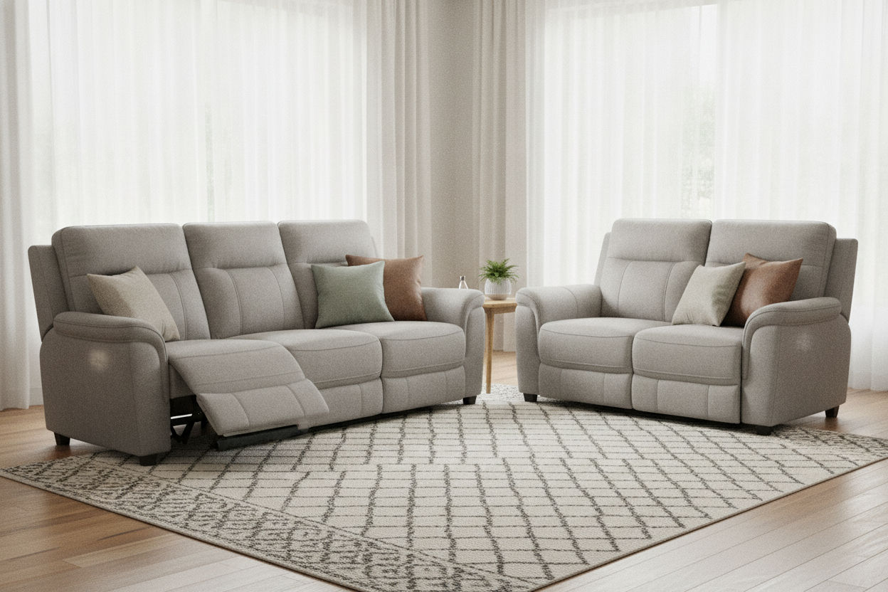 Modern recliner sofa loveseat set in a bright living room, perfect for stylish home comfort and decor ideas