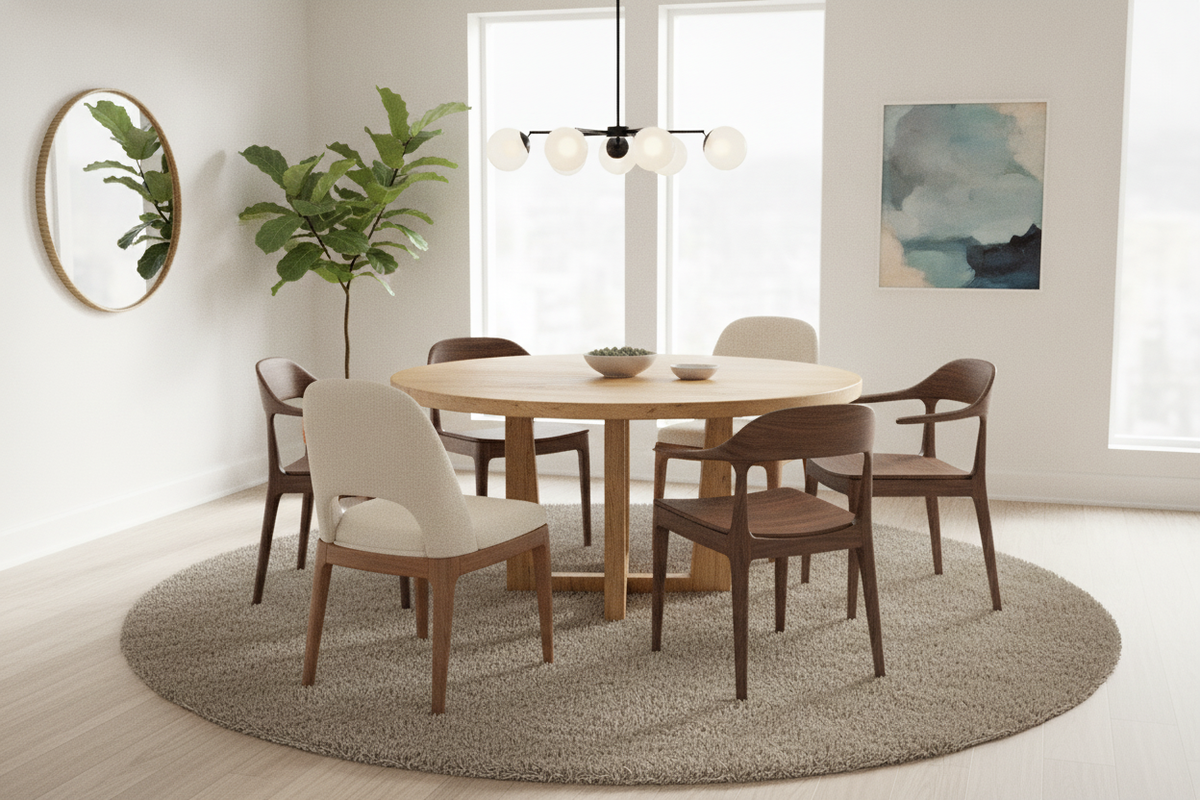 Modern round dining table set with mixed wood and upholstered chairs in a bright, stylish dining room