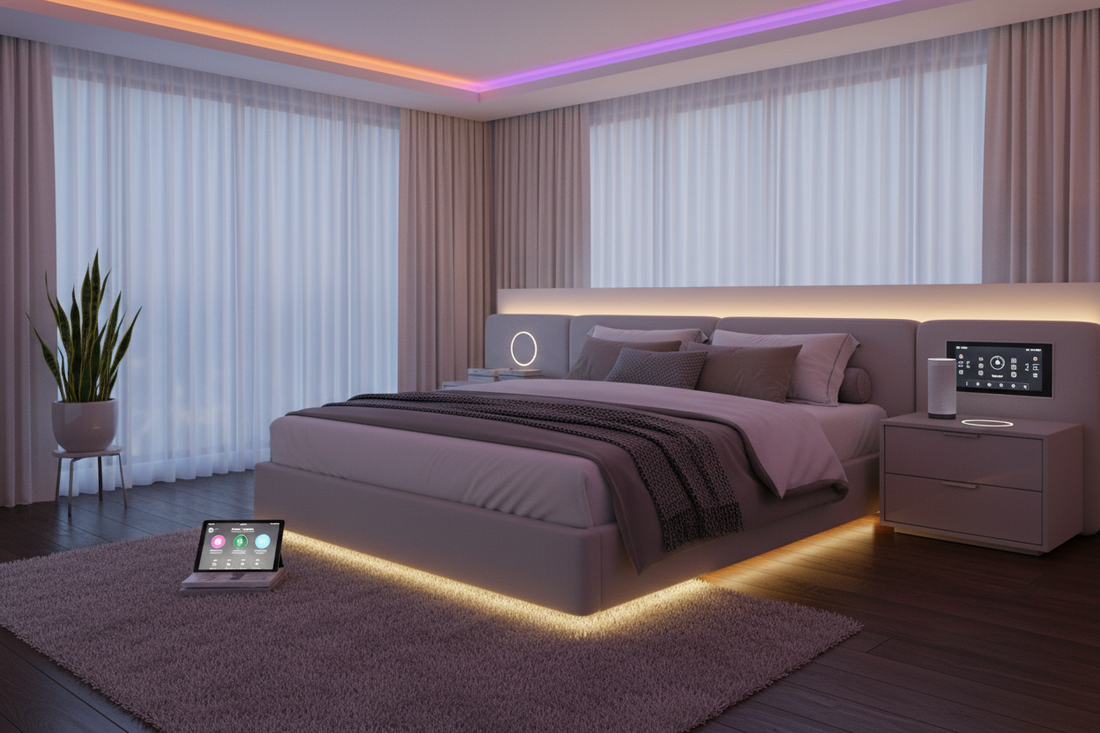 Sleek bedroom featuring tech-integrated modern beds with smart controls and ambient LED lighting for stylish comfort