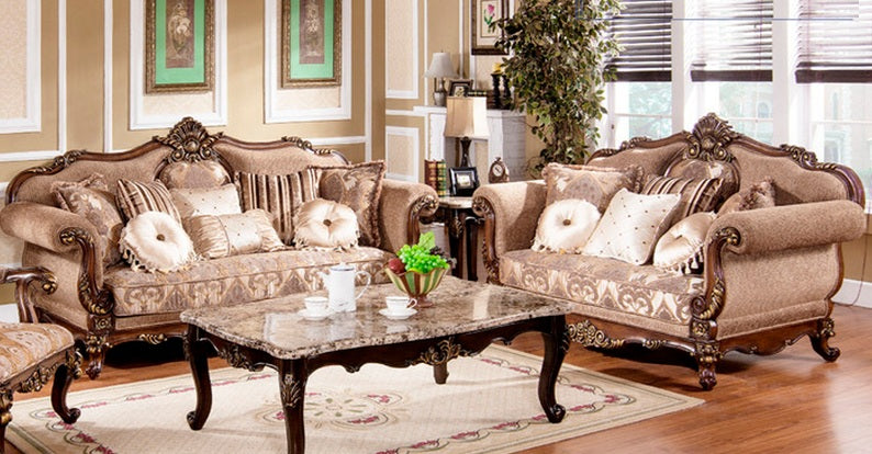Best master MC1428-2PC 2 pc Royal princess traditional style dark tone fabric dark finish wood Sofa and Love seat set
