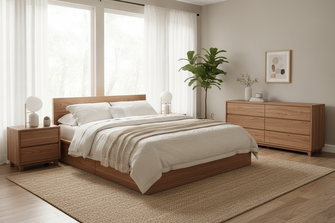 Modern wood bedroom furniture sets with bed, dresser, and nightstands in a bright, stylish interior