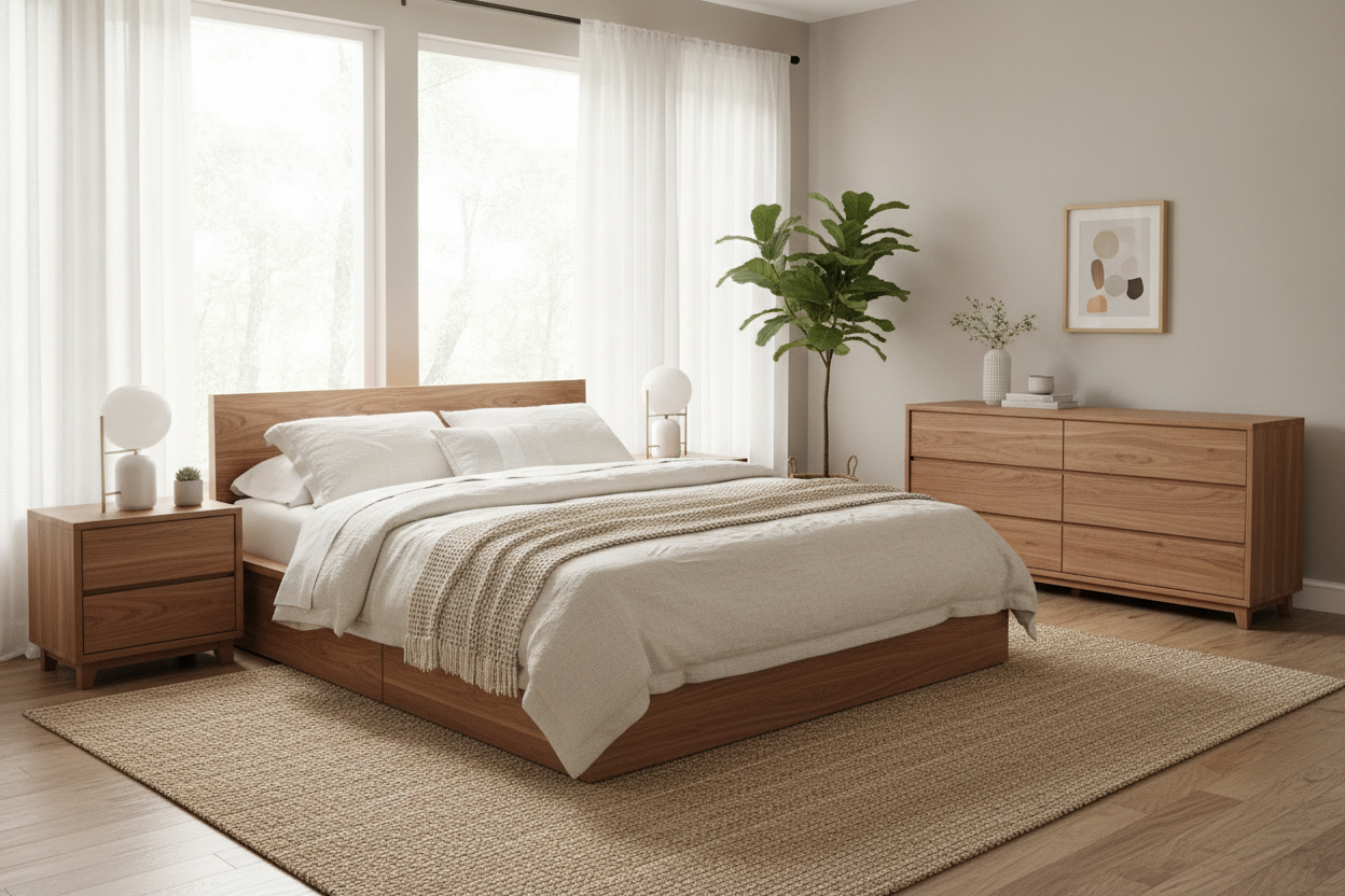 Modern wood bedroom furniture sets with bed, dresser, and nightstands in a bright, stylish interior