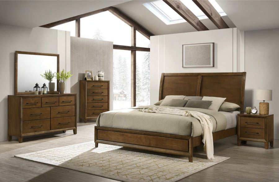 00-B0182-4PC 4 pc Ballard walnut finish wood classic style sloped back sleigh headboard queen bed set