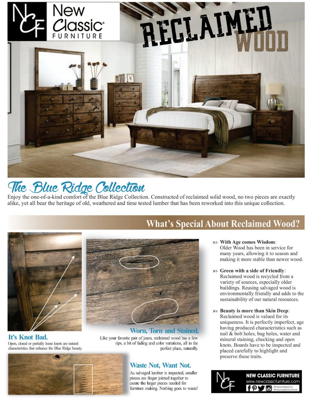 Blue Ridge Rustic Brown Grey Finish Wood 4-Piece Classic Sleigh Headboard Queen Bedroom Set – 00-1334-4PC