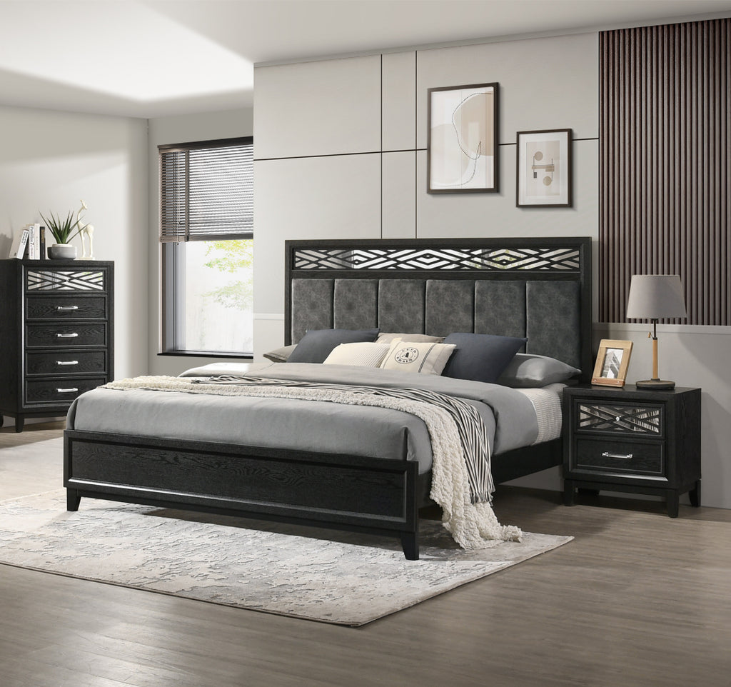 00-1655-4PC 4 pc Obsidian black finish wood mottled grey fabric padded queen bed set mirrored accents
