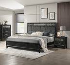 00-1655-4PC 4 pc Obsidian black finish wood mottled grey fabric padded queen bed set mirrored accents