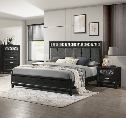 00-1655-4PC 4 pc Obsidian black finish wood mottled grey fabric padded queen bed set mirrored accents
