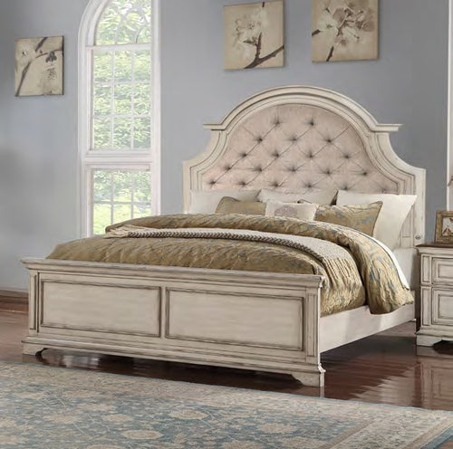 00-1731-4PC 4 pc Anastasia creamy off white finish wood vintage french country cottage upholstered headboard queen bed set