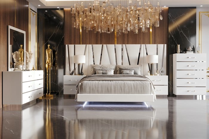 00-1840-7PC 7 pc Europa white finish wood modern white faux leather and silver accents queen bed set