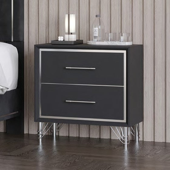 00-B1891-4PC 4 pc Ava black finish wood modern style black fabric upholstered headboard silver accents queen bed set