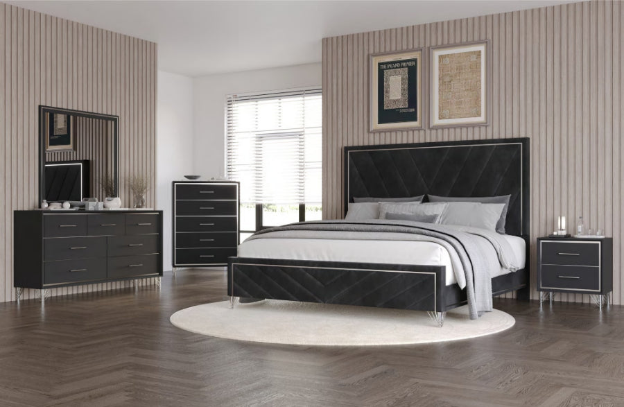 00-B1891-4PC 4 pc Ava black finish wood modern style black fabric upholstered headboard silver accents queen bed set