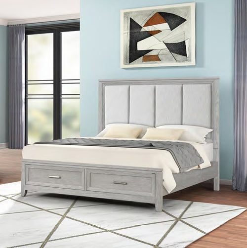 00-2442-4PC 4 pc Fiona light grey finish wood fabric upholstered headboard queen bed set footboard drawers