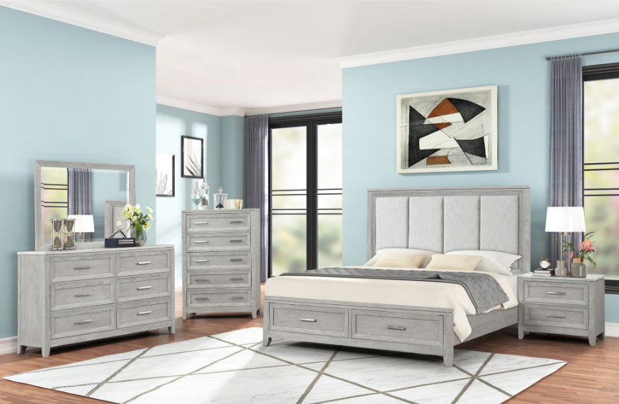 00-2442-4PC 4 pc Fiona light grey finish wood fabric upholstered headboard queen bed set footboard drawers