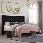 00-3365-4PC 4 pc Huxley black finish wood black fabric upholstered tufted headboard queen bed set silver accents