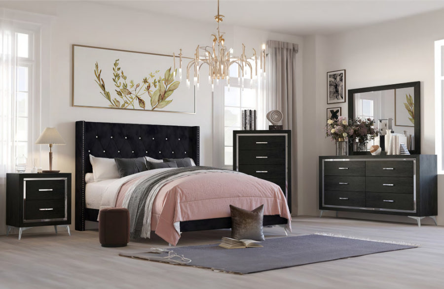 00-3365-4PC 4 pc Huxley black finish wood black fabric upholstered tufted headboard queen bed set silver accents