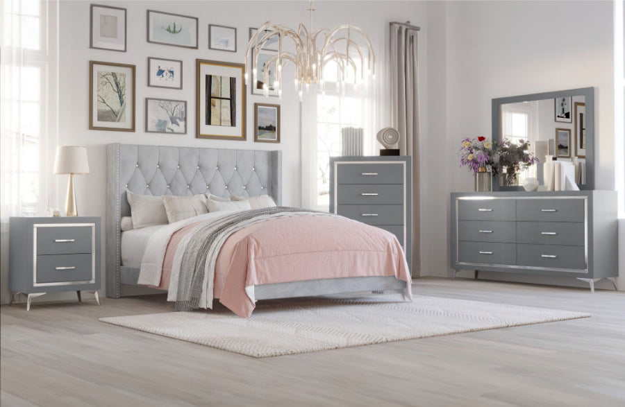 00-3365G-4PC 4 pc Huxley grey finish wood grey fabric upholstered tufted headboard queen bed set silver accents