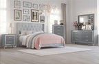 00-3365G-4PC 4 pc Huxley grey finish wood grey fabric upholstered tufted headboard queen bed set silver accents