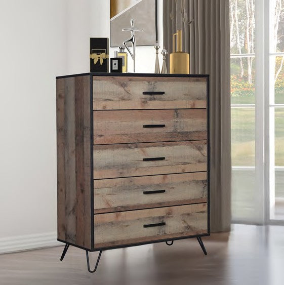 00-5533-4PC 4 pc Elk river reclaimed natural finish wood farmhouse style metal legs queen bed set