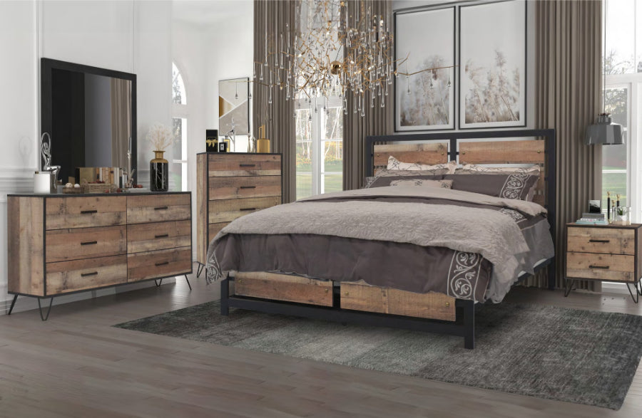 00-5533-4PC 4 pc Elk river reclaimed natural finish wood farmhouse style metal legs queen bed set