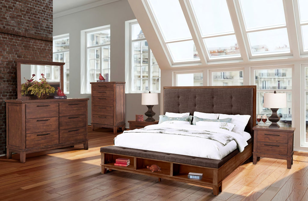 00-594-4PC 4 pc Cagney chestnut brown finish wood farmhouse style fabric upholstered headboard queen bed set