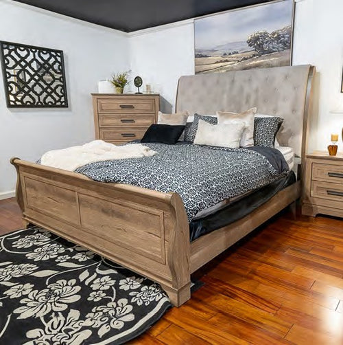 00-B1828-4PC 4 pc Coventry hall natural finish wood farmhouse style fabric upholstered headboard queen bed set