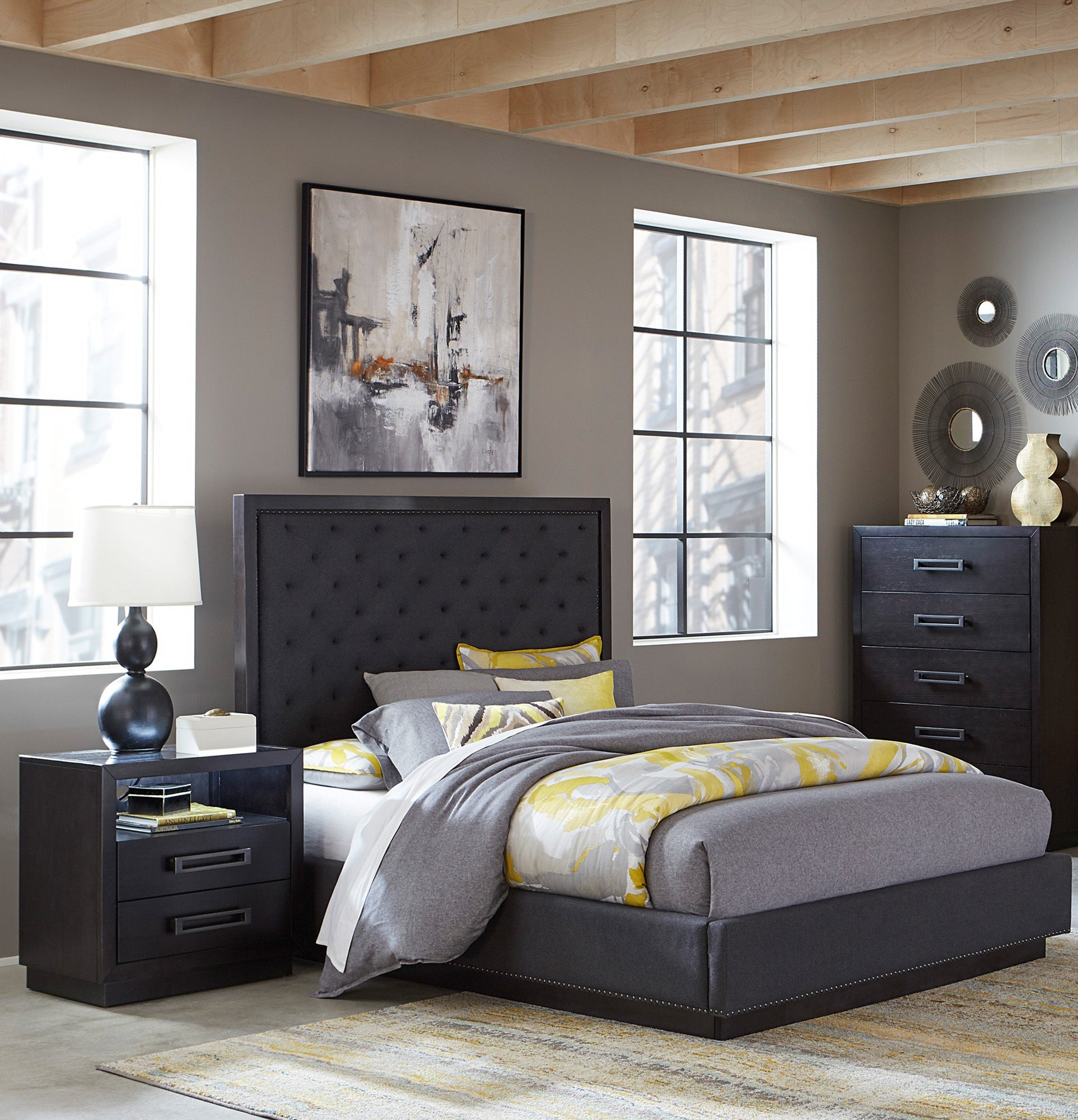 Homelegance 5424-4PC 4 pc Larchmont charcoal finish wood tufted fabric headboard queen bedroom set