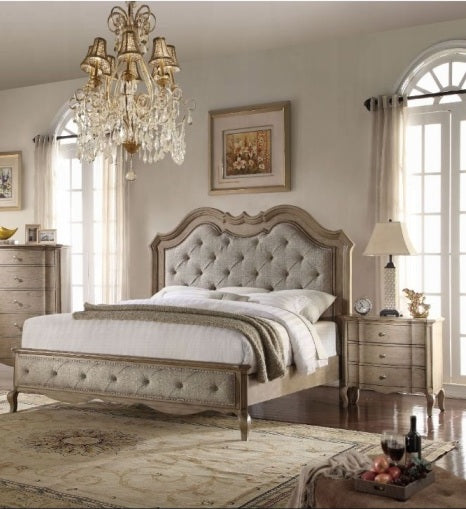 Acme 26050Q 4 pc chelmsford antique taupe finish wood beige fabric tufted queen bedroom set